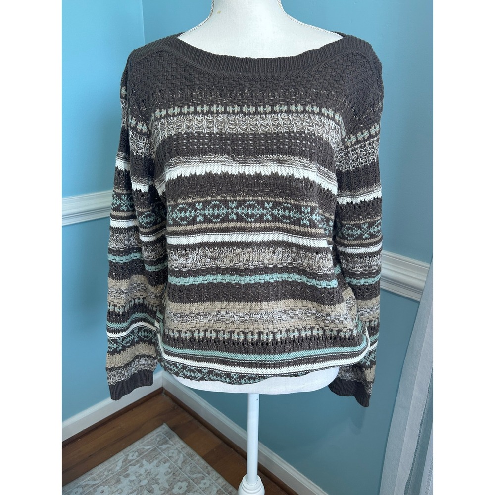 Debbie Morgan Brown Fair Isle Knit Sweater XL Boat Neck Striped Boho Long Sleeve
